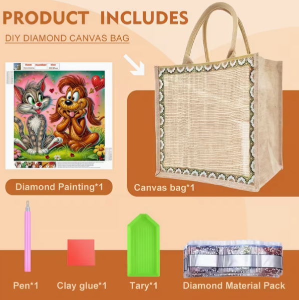 Diamond Painting Tragtasche Katze und Hund